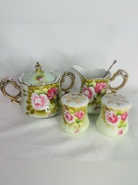 Vintage Lefton China Hand Painted Rose Gold Trim Creamer & Sugar w/ Salt&Pepper